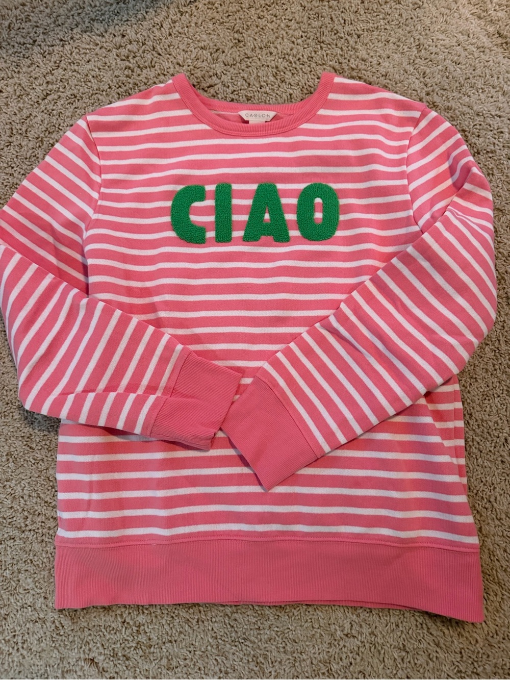 Caslon Pink & White Striped 'CIAO' Sweatshirt with Green Chenille